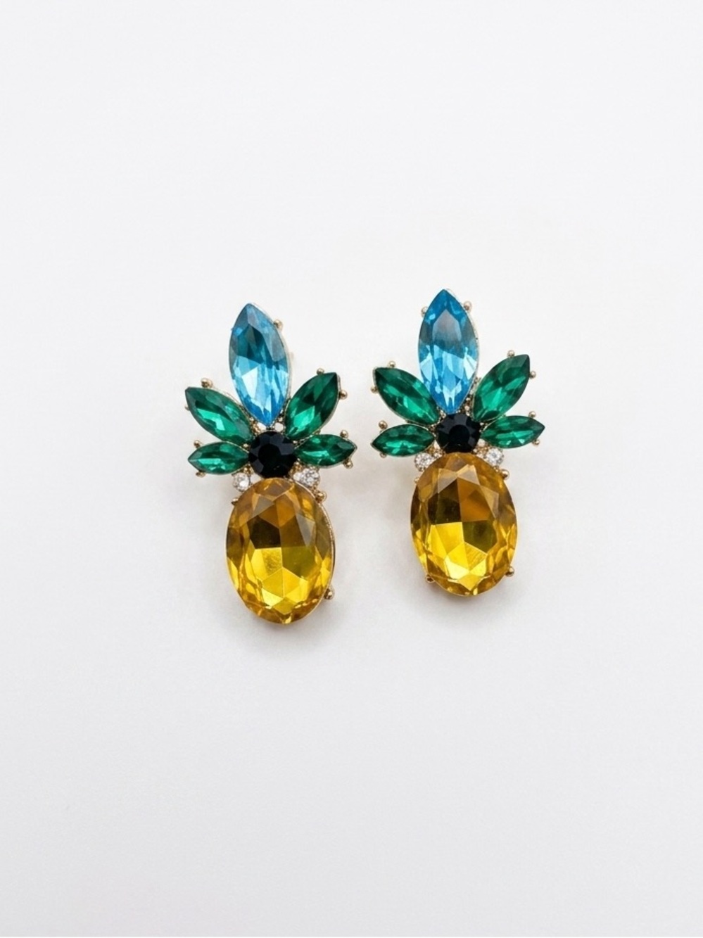 Crystal Pineapple Drop Earrings in Yellow and Teal